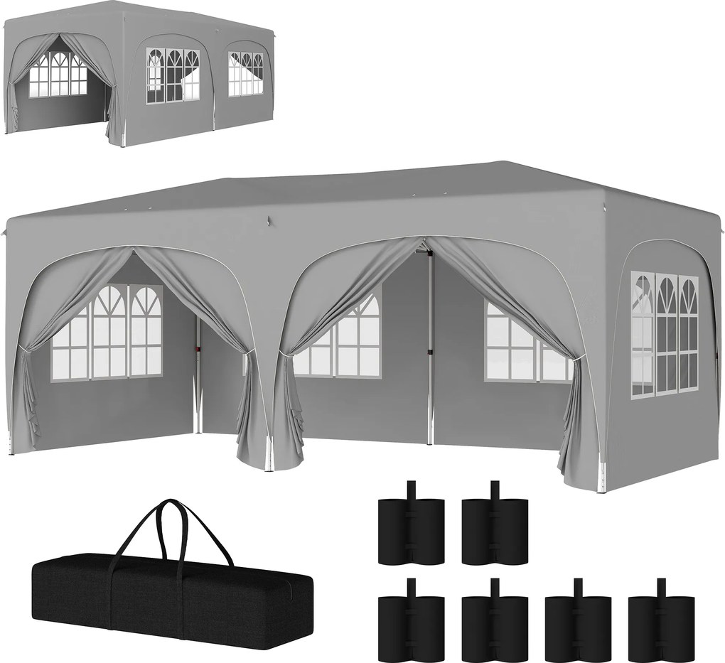 Outsunny Tonelă pliabilă 3 x 6 m Pop-Up, UPF50+ Înălțime reglabilă, cu sac de transport și saci de nisip, gri deschis | Aosom Romania