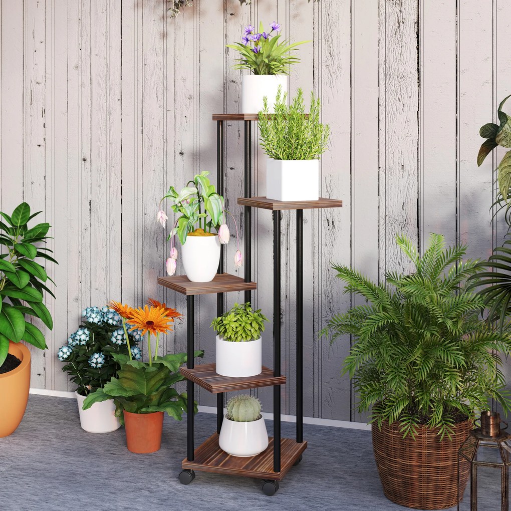 Outsunny Suport pentru flori cu 5 etaje, Suport pentru plante cu 5 niveluri, Design în formă de cascada, ușor de mutat, Lemn, Oțel | Aosom Romania