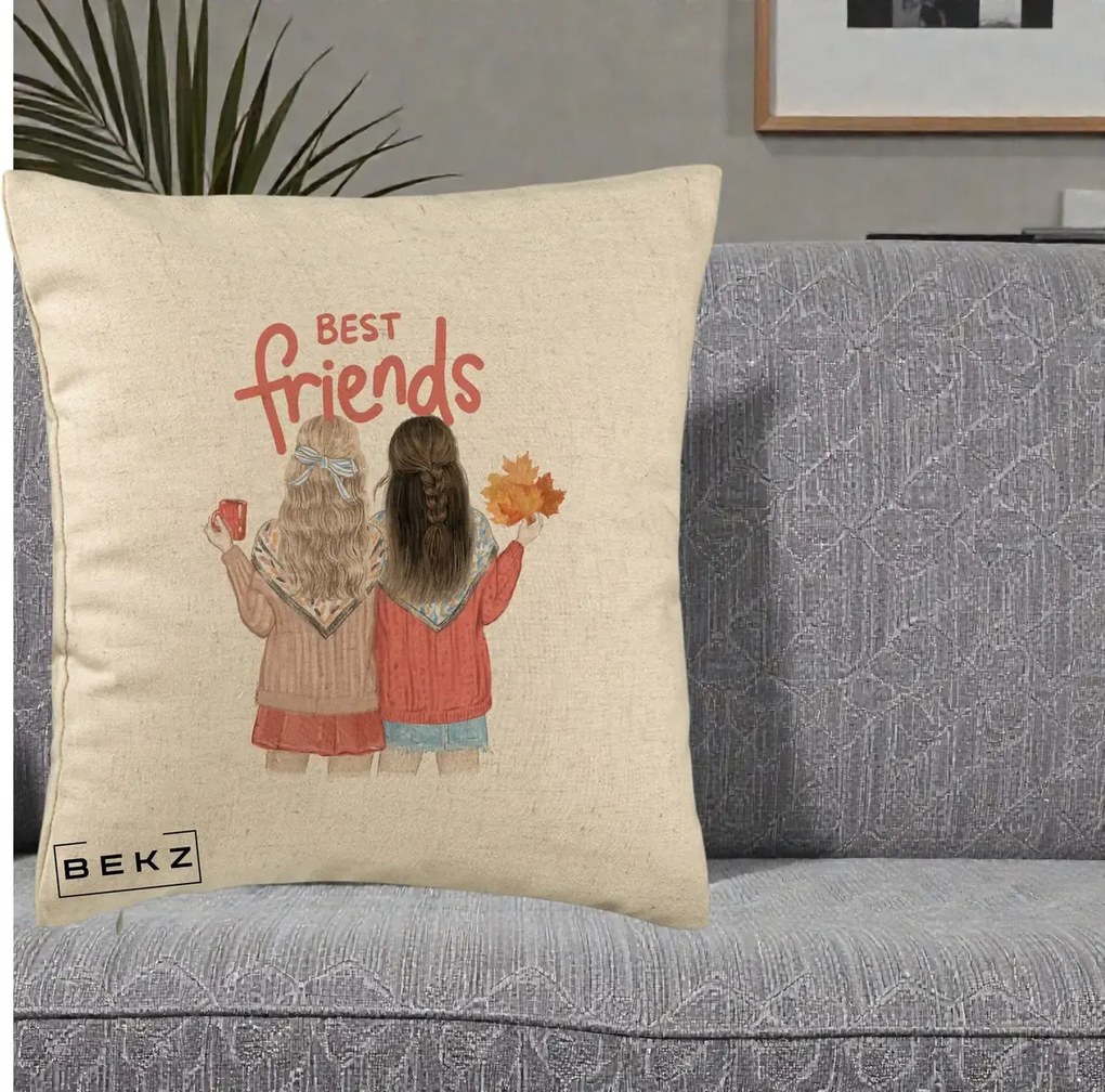 Cadou pentru Prieteni - Perna Personalizata Best Friends Toamna, 40x40 cm, Bej, Husa Detasabila, Perna Inclusa, BEKZ®