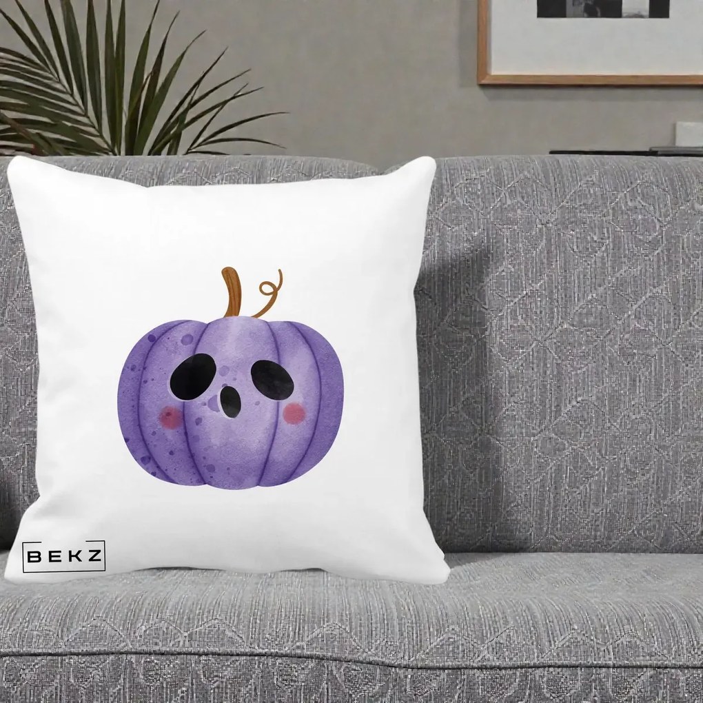 Perna Decorativa Dovleac Halloween Mov Kawaii, 40x40 cm, Alba Mata, Husa Detasabila, Perna Inclusa, BEKZ®
