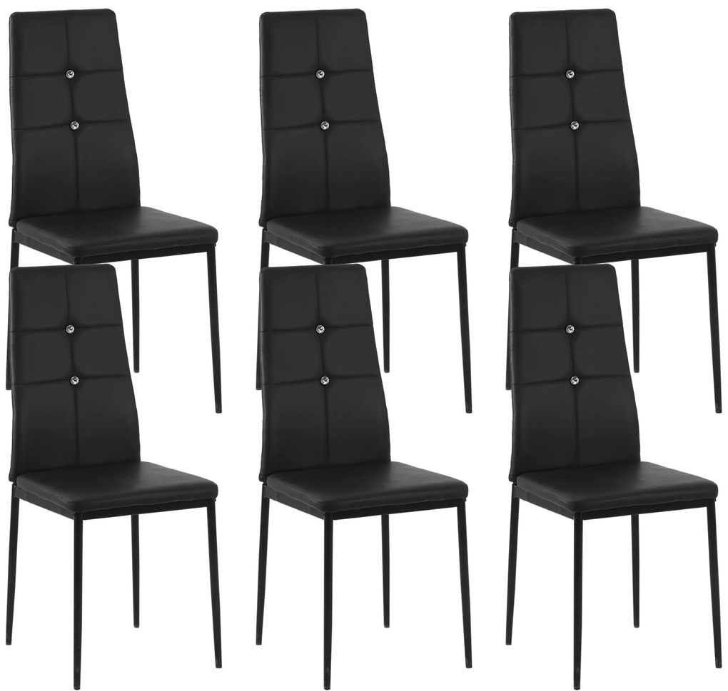 HOMCOM Joc de 6 Scaune de Dining Tapitate în PU cu Spătar Înalt cu Butoane și Picioare de Oțel Design Modern Negru | Aosom Romania