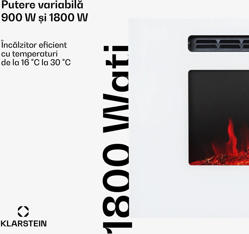 Klarstein Galeras, șemineu electric de perete și de încorporat, 1800 W, LED, 3 culori, temporizator