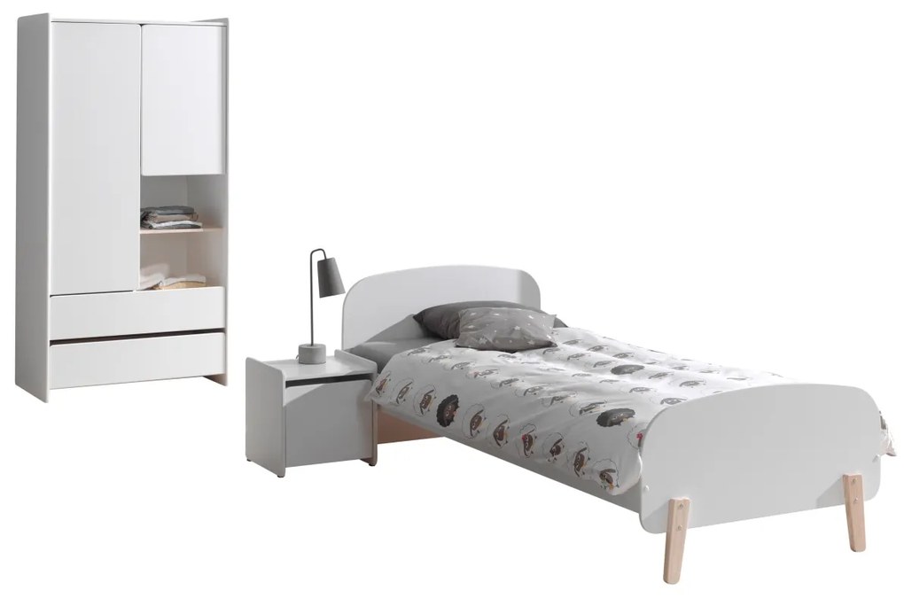 Set Mobilier Kiddy pentru Camera Copii – Pat 90x200 cm, Noptieră și Dulap 2 Uși – Alb – Vipack