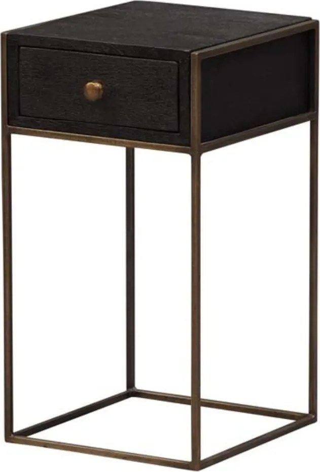 Noptieră din lemn de mango, negru, cu sertar și cadru din metal auriu, 57 x 31 x 35 cm, „Black”