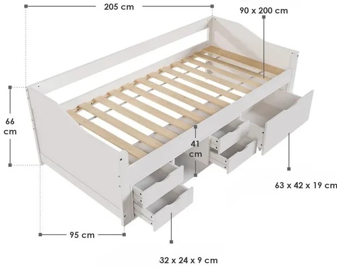 Juskys Pat pentru copii Nalu 90x200 cm cu spațiu de depozitare - alb