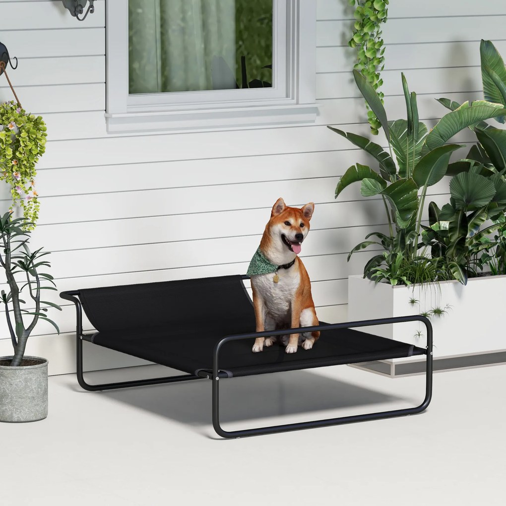 PawHut Pat Ridicat pentru Câini, Pat de Camping pentru Câini și Pisici cu Tetieră, Material Texteline Respirabil, pentru Interior și Exterior, 106 x 81 x 33 cm, Negru | Aosom Romania