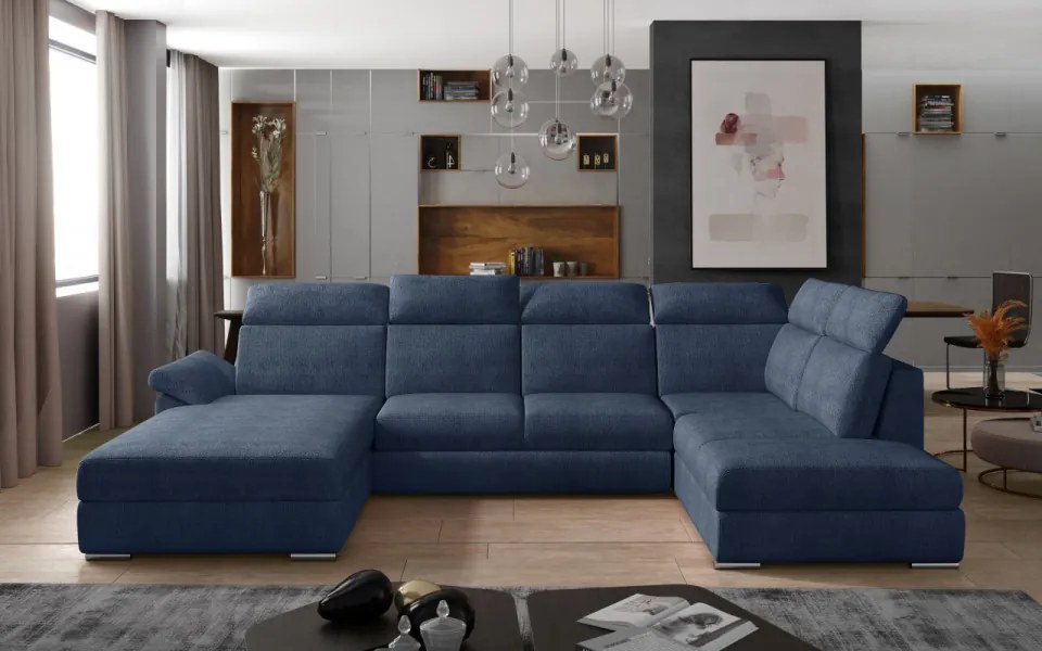 Canapea modulara extensibila cu spatiu pentru depozitare, 336x102x216 cm, Evanell L01, Eltap (Culoare: Albastru inchis / Gri catifea)