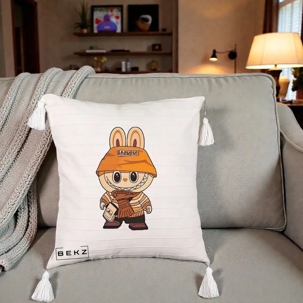Perna Personalizata Labubu Streetwear Portocaliu, 40x40 cm, Bej cu Franjuri, Husa Detasabila, Perna Inclusa, BEKZ®