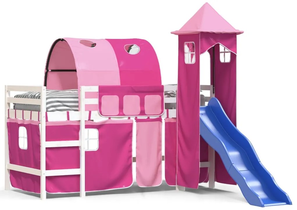 3207113 vidaXL Pat etajat de copii cu turn, roz, 90x190 cm, lemn masiv pin