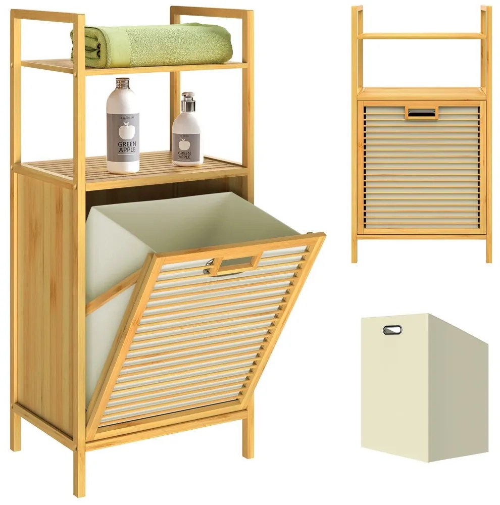 Raft de bambus cu coș de rufe DORIS, 40x30x95cm, maro/crem Casaria