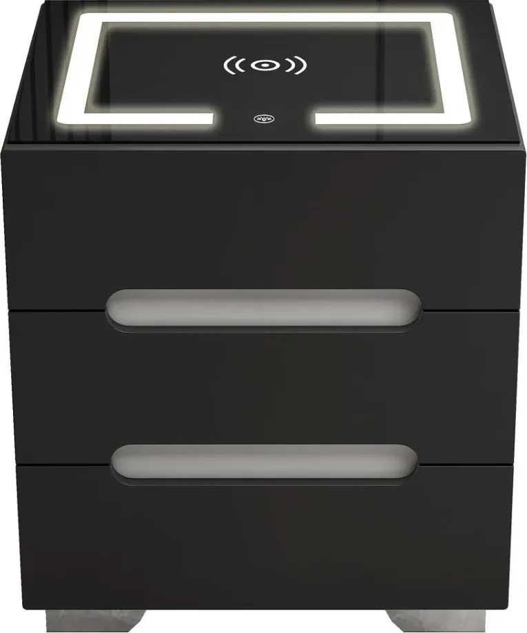 RESIGILAT- Noptieră inteligentă multifuncțională, 3 sertare, iluminare LED-uri Touch, 3 tipuri de culoare, încărcare fără fir, incarcare USB, sticla securizata, Negru