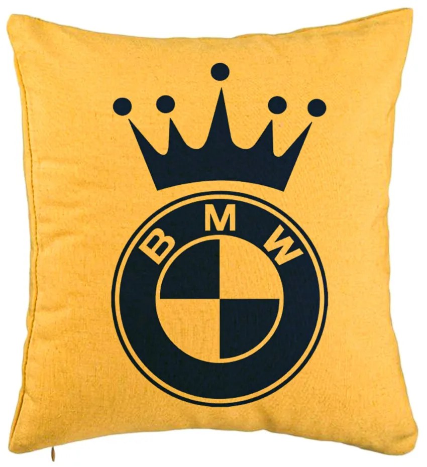 Perna Decorativa, Model Emblema BMW King, 40x40 cm, Galben, Husa Detasabila, Burduf