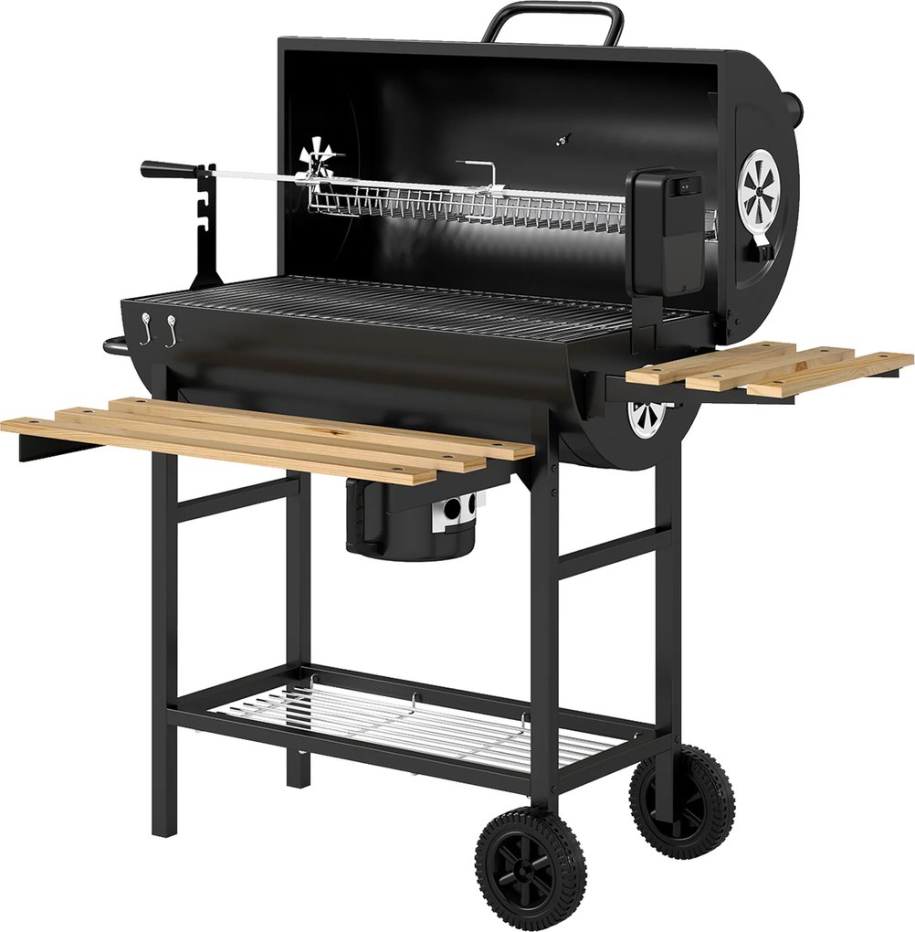 Outsunny Grătar pe cărbuni cu căruț de gătit, etajere pliabile, termometru, roți, rotisor electric, negru | Aosom Romania