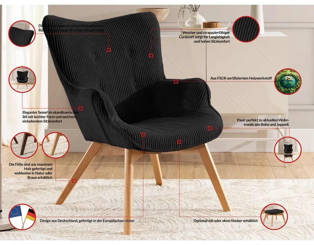 Fotoliu cu taburet negru cu tapițerie din catifea reiată Niko – Ropez