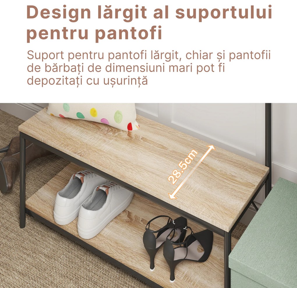 HOMCOM Set Hol cu Cuier, Bancă și Suport pentru Pantofi, Stil Industrial, Mobilier pentru Intrare, Metal și Lemn | Aosom Romania