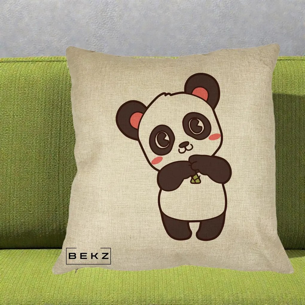 Perna Personalizata Panda Kawaii cu Bambus, 40x40 cm, Crem, Husa Detasabila, Perna Inclusa, BEKZ®