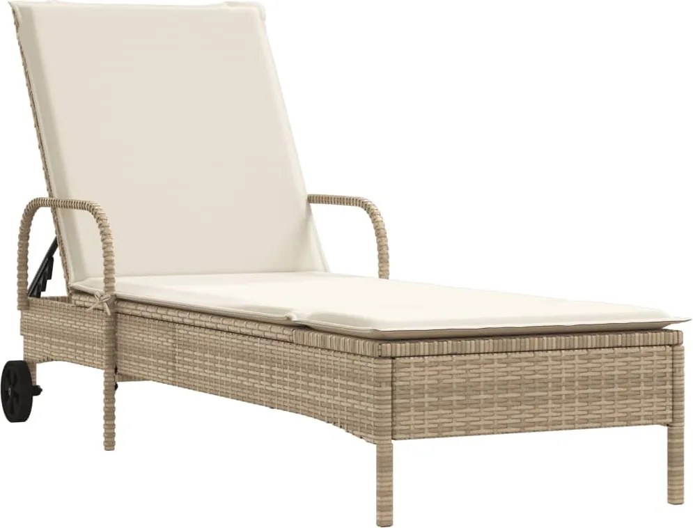 vidaXL Șezlong cu roți și pernă, bej, poliratan
