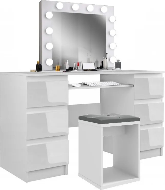 Masuta machiaj cu Oglinda LED si 6 Sertare pentru Cosmetice, Set Masa toaleta 130 cm, Alb Lucios, masuta cosmetica, vanity - SEA540