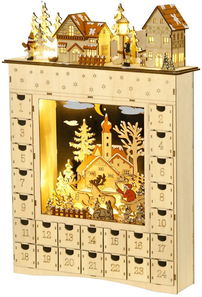 HOMCOM Calendar de Advent LED în formă de sat acoperit de zăpadă cu 24 de sertărașe decorațiune luminoasă de Crăciun bej | Aosom Romania