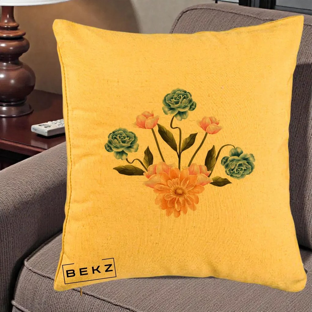 Perna Decorativa Buchet Primavara Acuarela, 40x40 cm, Galben, Husa Detasabila, Perna Inclusa, BEKZ®