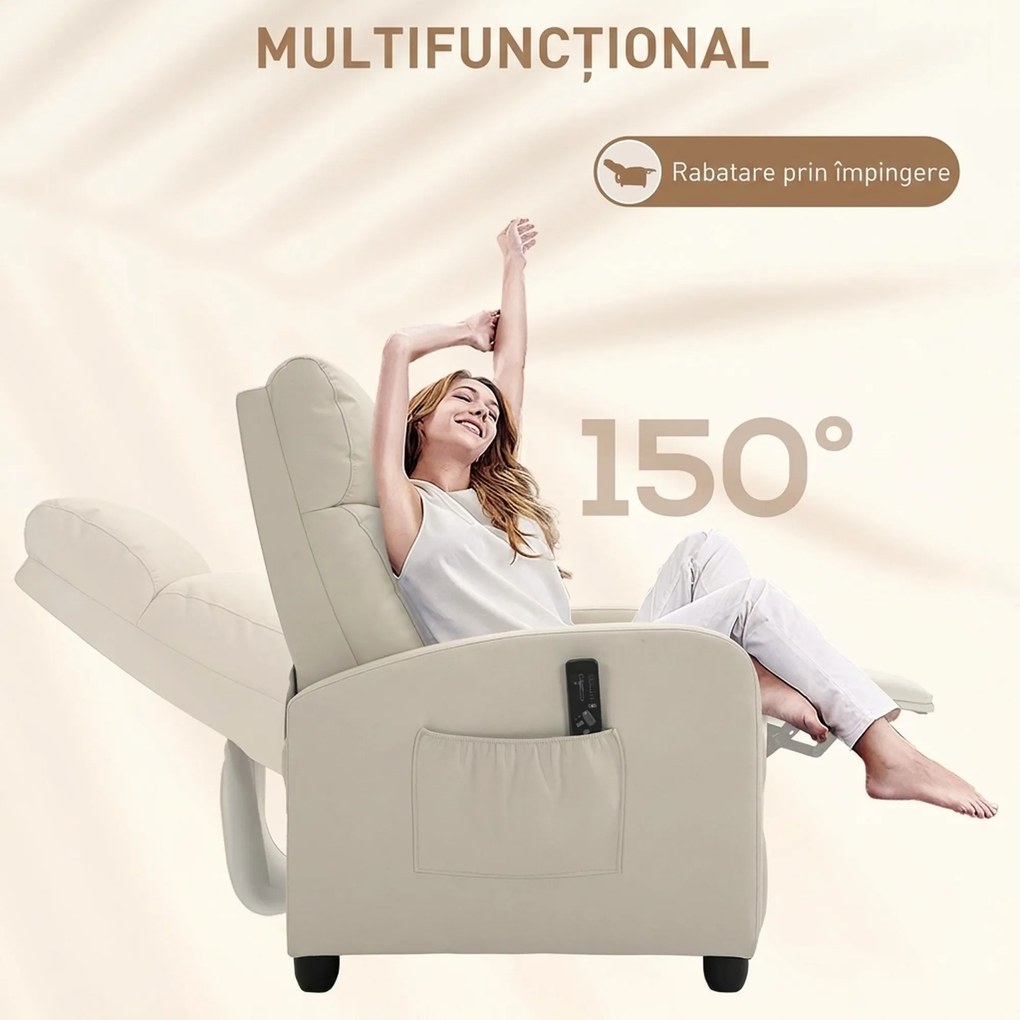 HOMCOM Fotoliu Masaj Rabatabil cu Funcție de Masaj, cu Suport pentru Picioare, Ideal pentru Relaxare, 68x88x98 cm, Crem
