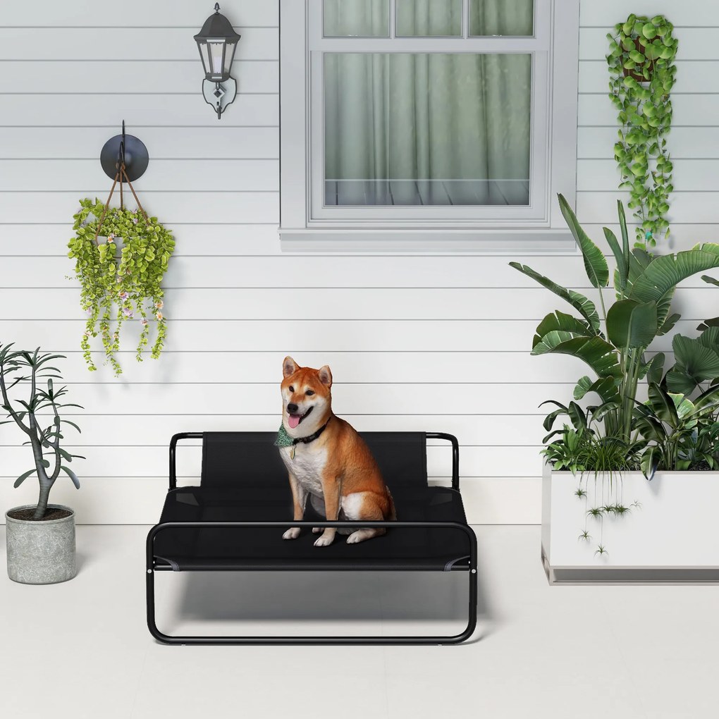 PawHut Pat Ridicat pentru Câini, Pat de Camping pentru Câini și Pisici cu Tetieră, Material Texteline Respirabil, pentru Interior și Exterior, 106 x 81 x 33 cm, Negru | Aosom Romania