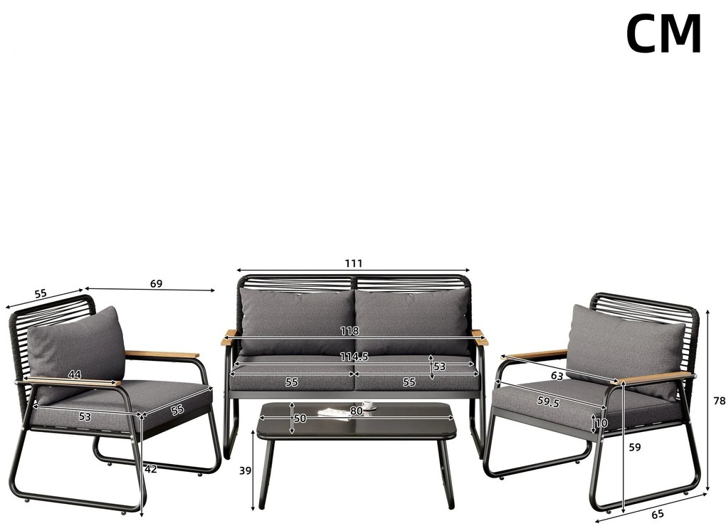 Set de lounge pentru grădină pentru 4 persoane, cu canapea dublă, 2 canapele individuale și 1 măsuță de cafea, Negru