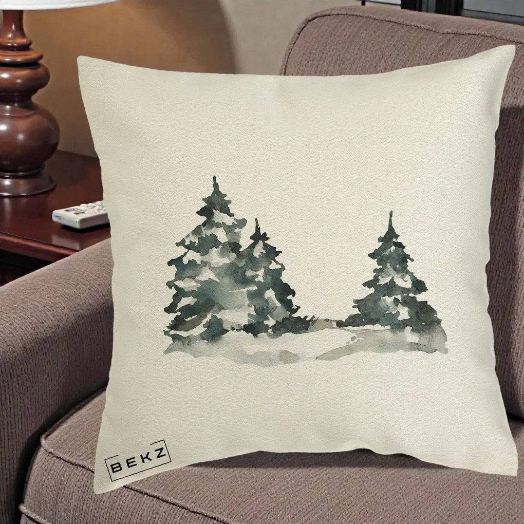Perna Decorativa Brazi Inzapeziti Acuarela, 40x40 cm, Ecru, Husa Detasabila, Perna Inclusa, BEKZ®