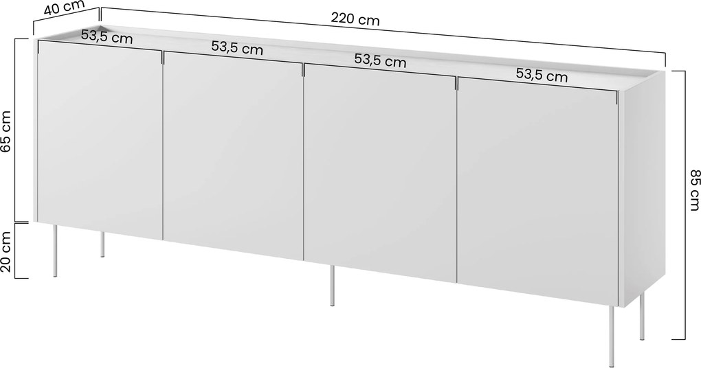 Comodă Desin 220 cm cu patru uși - negru mat / stejar Nagano