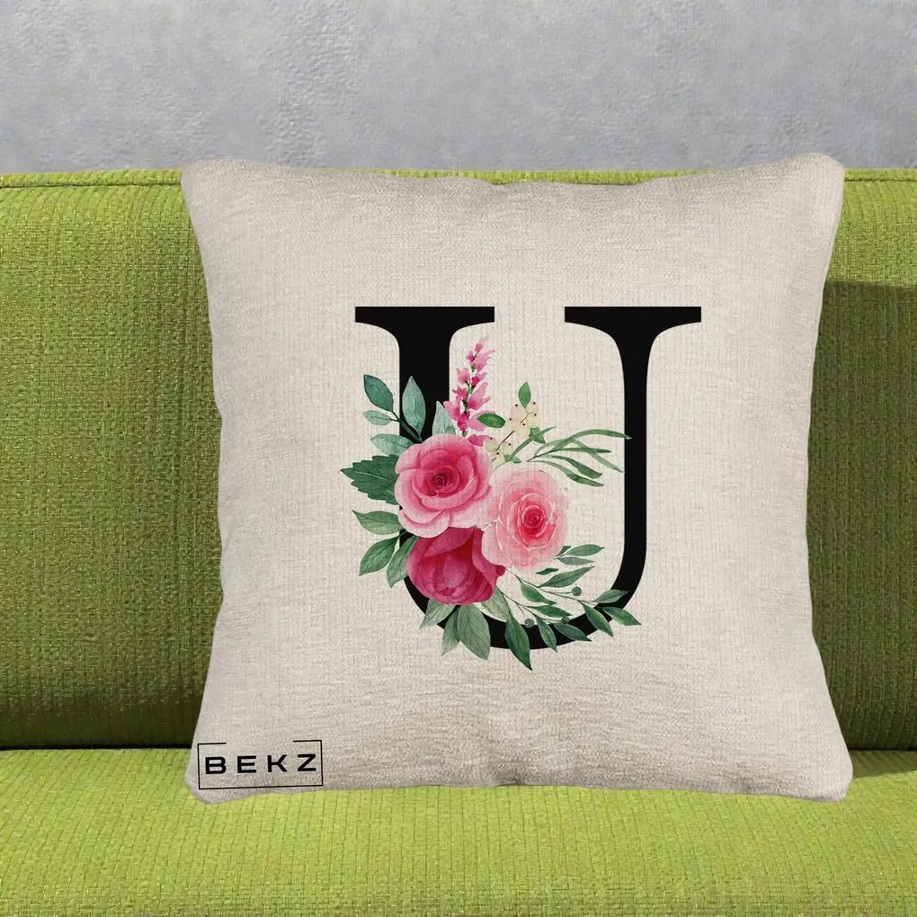 Cadou Personalizat - Perna Personalizata Monograma Florala Litera U, 40x40 cm, Bej Canapea, Husa Detasabila, Perna Inclusa, BEKZ®
