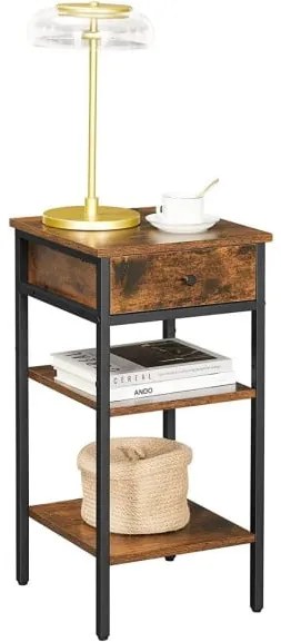 Masuta Inalta Cu Sertar Si 2 Rafturi De Depozitare, Maro Rustic Si Negru, 35 Cm
