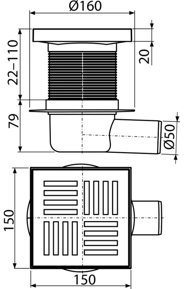 Sifon pardoseala cu gratar plastic gri, 150x150 mm iesire laterala Alcadrain APV5211