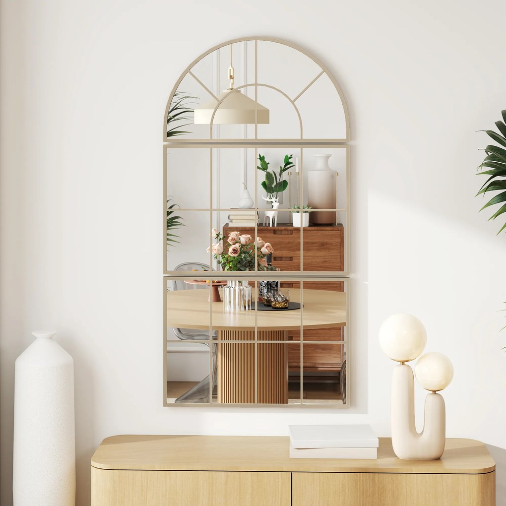 HOMCOM Oglindă de perete arcuită oglindă de perete în formă de fereastră set de 3 piese cadru din metal 76 x 150 cm auriu | Aosom Romania