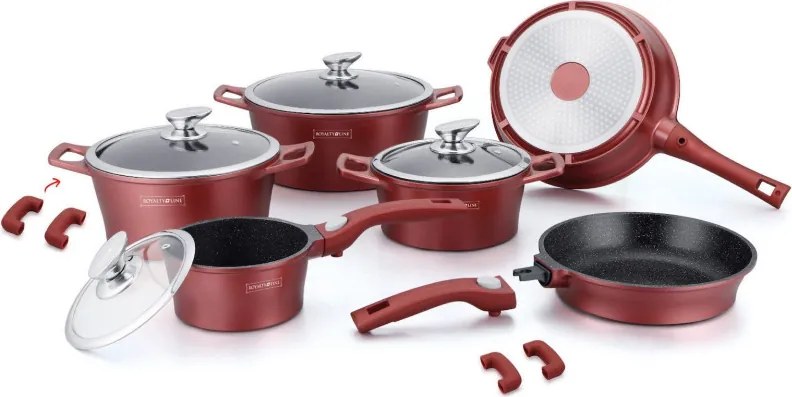 Set oale si tigai Royalty Line RL-ES2014M, 17 piese, Acoperire din marmurа, Inductie, Burgund