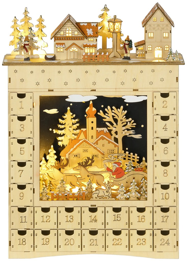 HOMCOM Calendar de Advent LED în formă de sat acoperit de zăpadă cu 24 de sertărașe decorațiune luminoasă de Crăciun bej | Aosom Romania