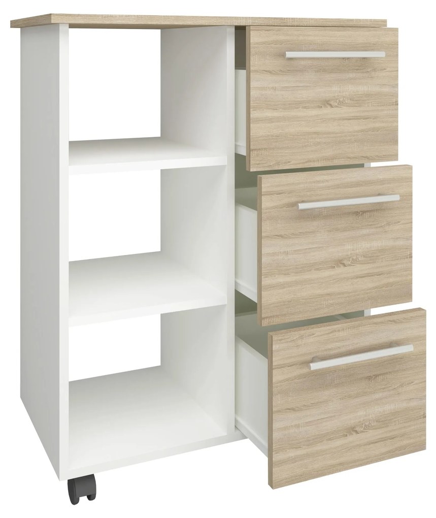 Corp Mobil Loma, 3 Sertare, 3 Rafturi, Stejar Sonoma/Alb, 64 x 35 x 85 cm