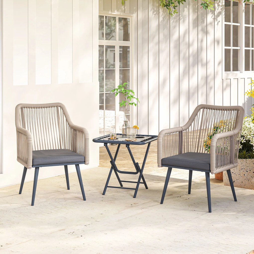 Outsunny Set 2 Scaune de Grădină din Ratan PE cu Perne Moi Lavabile și Brațe, Scaune pentru Dining Exterior din Oțel, pentru Terasă, Balcon, Grădină, Exterior, 54x65x80cm, Gri Închis | Aosom Romania