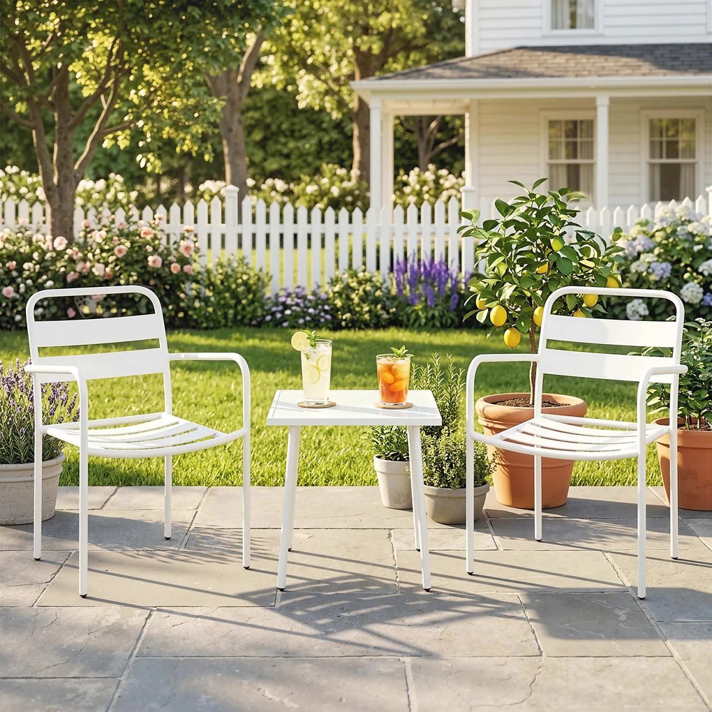 Outsunny Set Bistrò 3 Piese din Oțel Galvanizat, Set de Grădină cu 2 Scaune și Masă din Sticlă Temperată, Mobilier Exterior pentru Terasă, Balcon, Alb | Aosom Romania