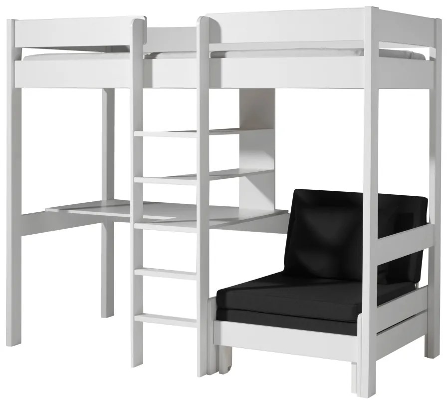 PINO Pat copii LOFT CU CANAPEA EXTENSIBILĂ 90 X 200 CM ALB