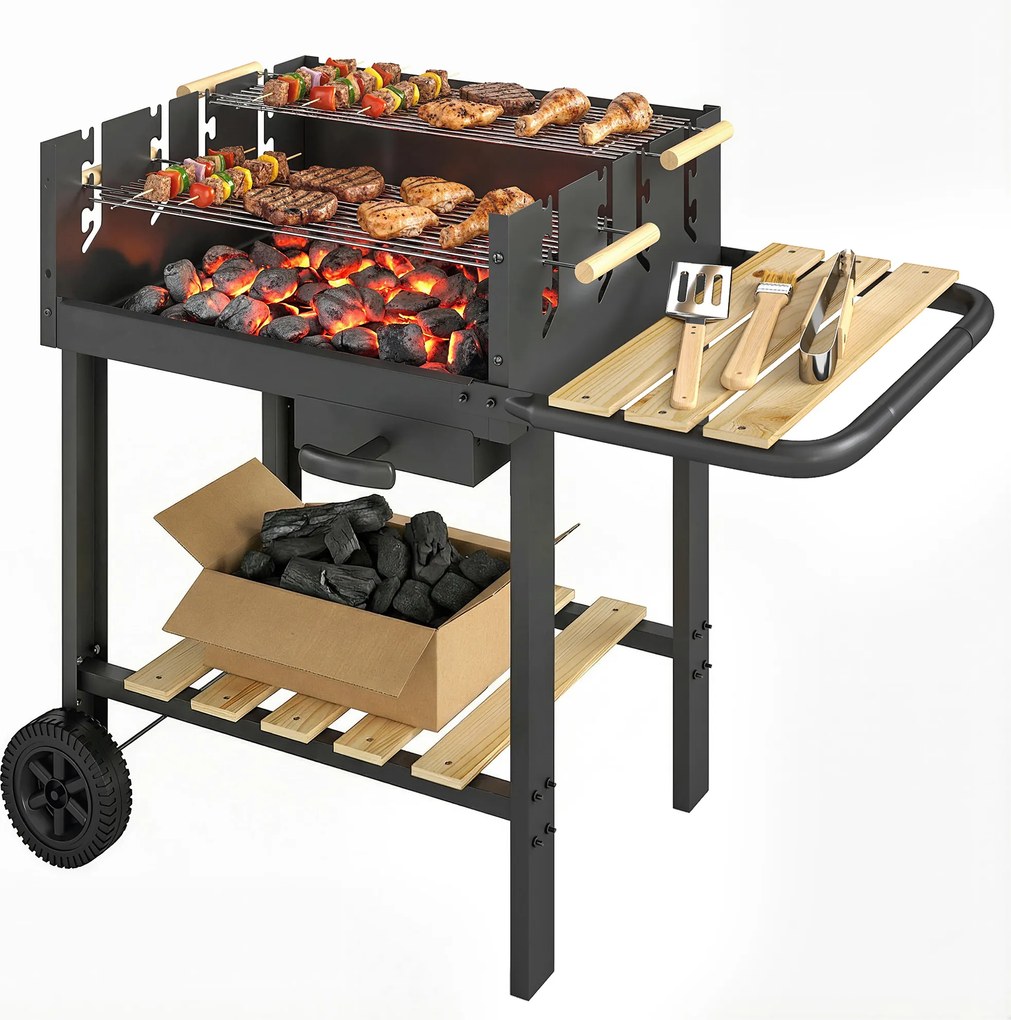 Outsunny Cărucior de grătar din lemn cu 2 grătare reglabile, grătar pe cărbuni pe roți, poliță laterală, negru | Aosom Romania