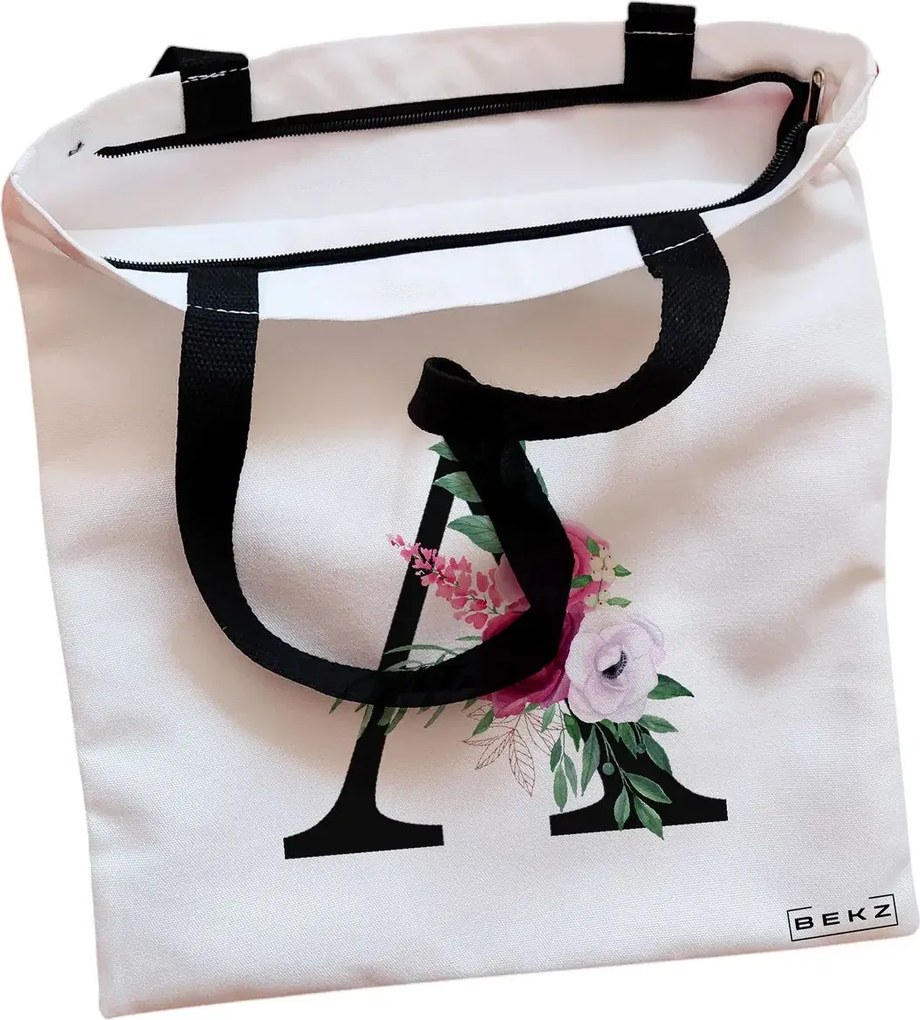 Sacosa de Panza pentru Cumparaturi, Geanta Tote, Cu litera A si Trandafiri, Cu fermoar, 38x34.5 cm, Alba, BEKZ®