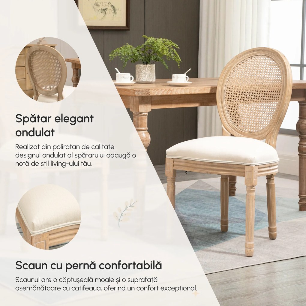 HOMCOM Set 2 Scaune cu Spătar Perforat, în Stil Vintage cu Tapițerie din Poliester, 49x56x97 cm, Alb-Lemn | Aosom Romania