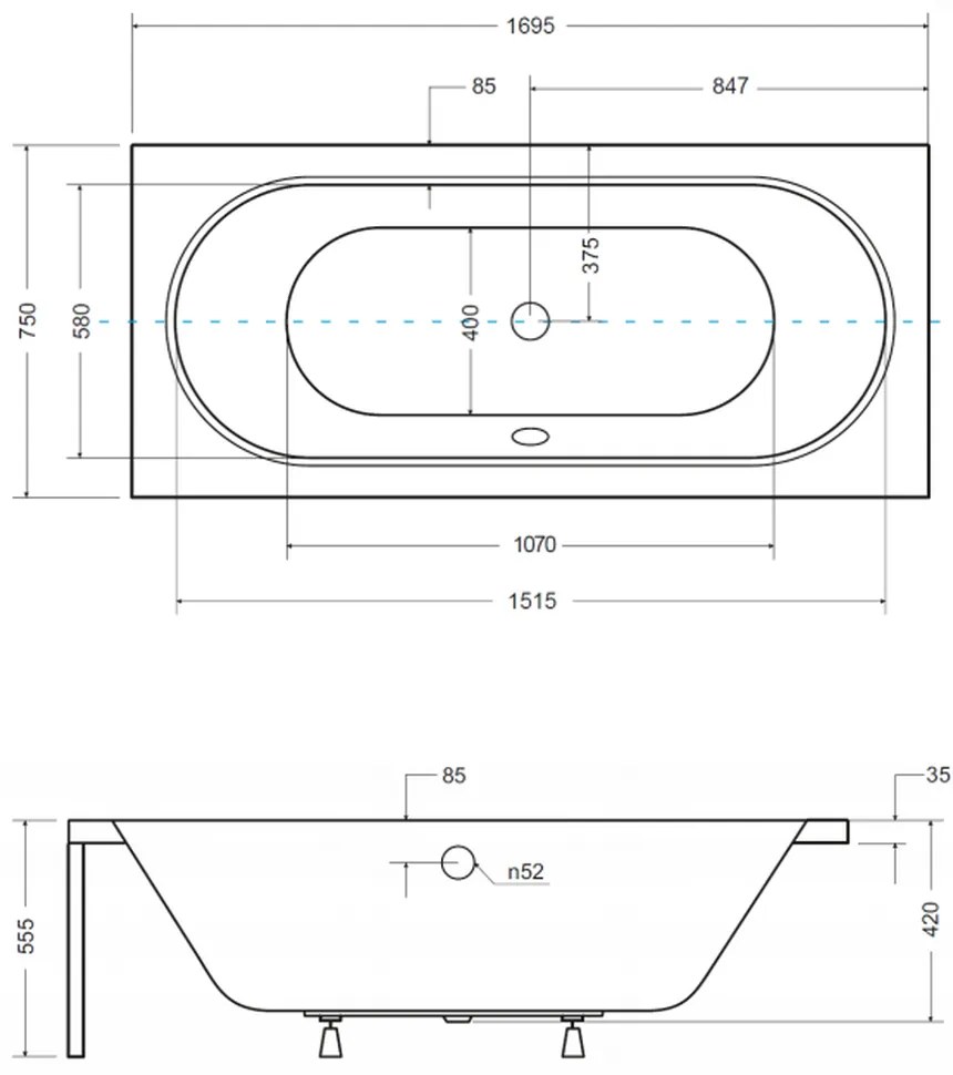 Cada baie dreptunghiulara, acril, 170 x 75 cm, Besco Vitae 1700x750 mm