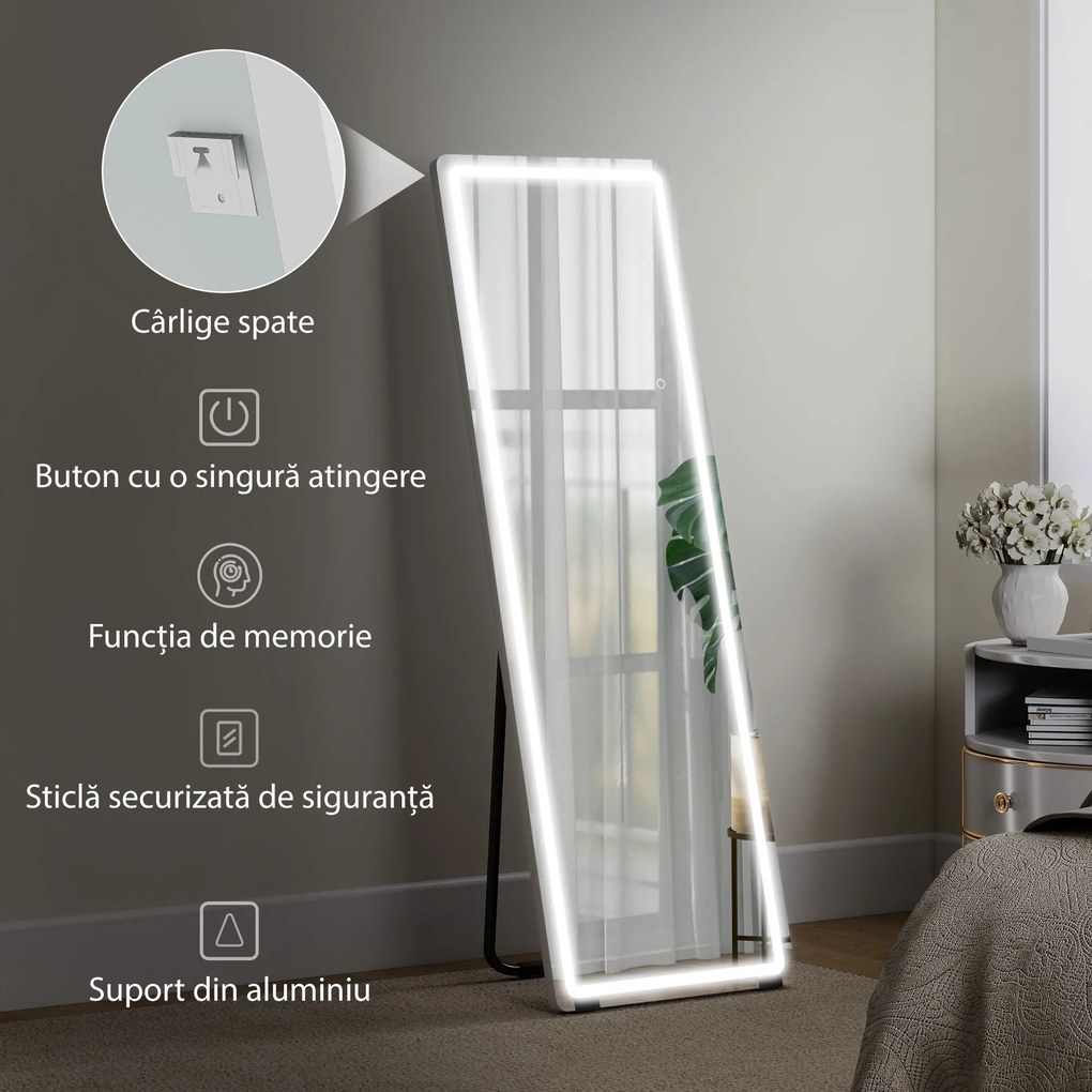 HOMCOM Oglindă de Corp Întreg cu LED, 150x50 cm, Iluminare în 3 Culori, de Podea, Sprijinită sau Montată pe Perete, Transparentă | Aosom Romania
