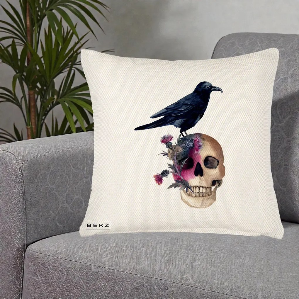 Perna Decorativa Craniu cu Corb si Flori Gothic, 40x40 cm, Crem Reliefat, Husa Detasabila, Perna Inclusa, BEKZ®