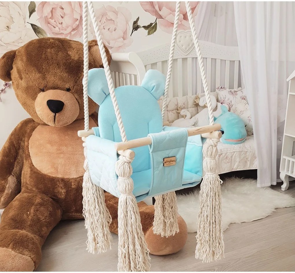 Leagan pentru copii si bebelusi, Catifea Velvet, perna detasabila ursulet Teddy Baby blue