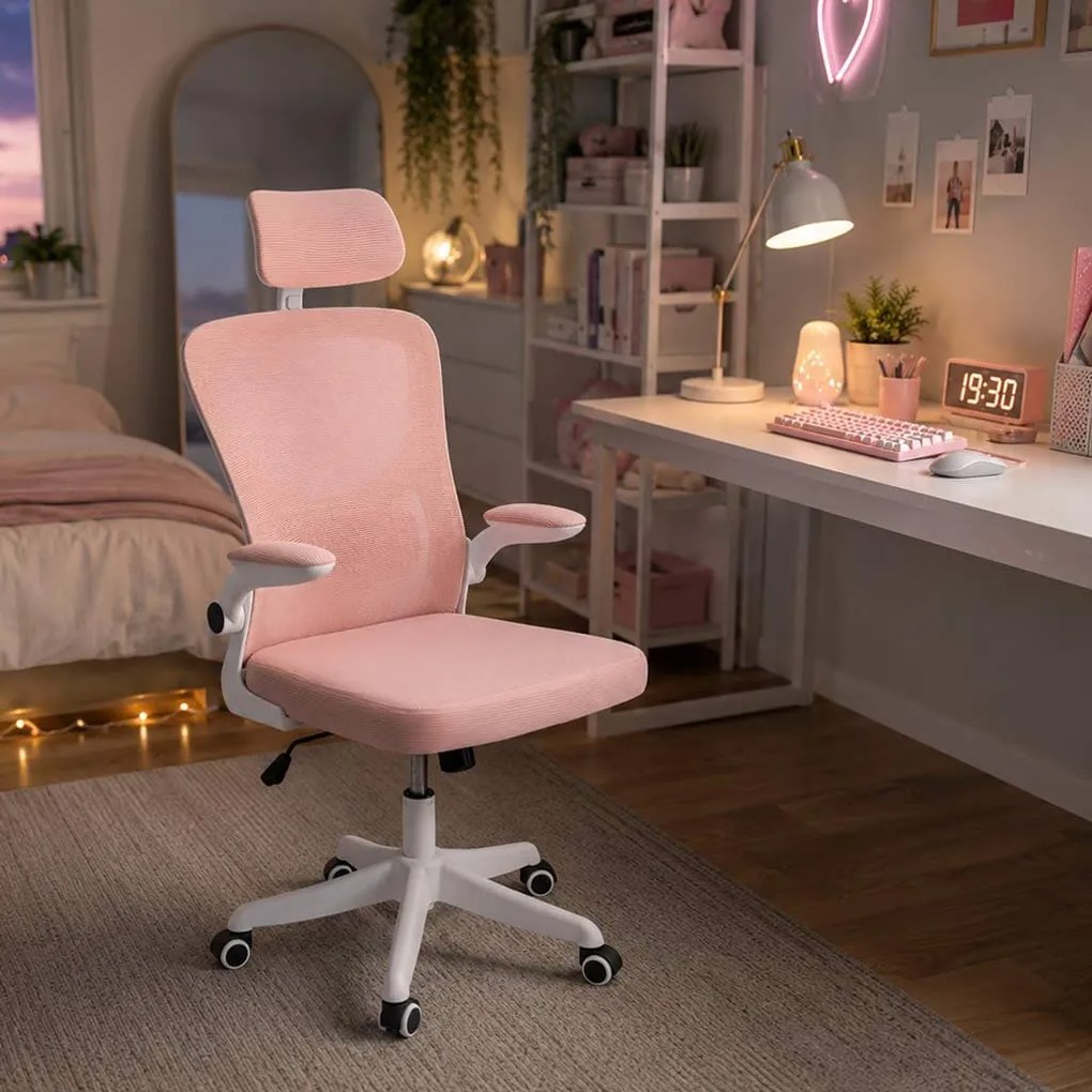Scaun ergonomic OFF 336 roz, spătar înalt și brațe rabatabile