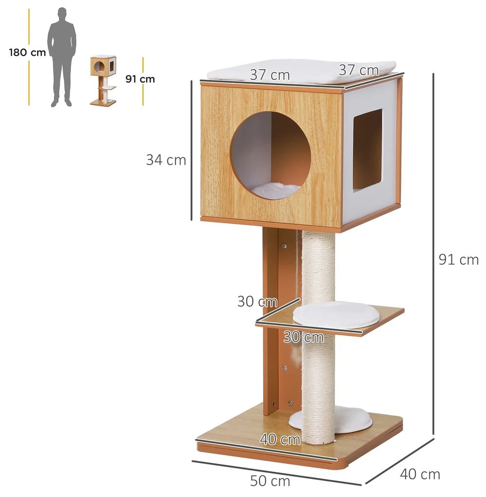 PawHyt Copac pentru Pisici cu 2 Stalpi din Lemn si Sisal si Perne pe 3 Nieluri 50 x 40 x91cm