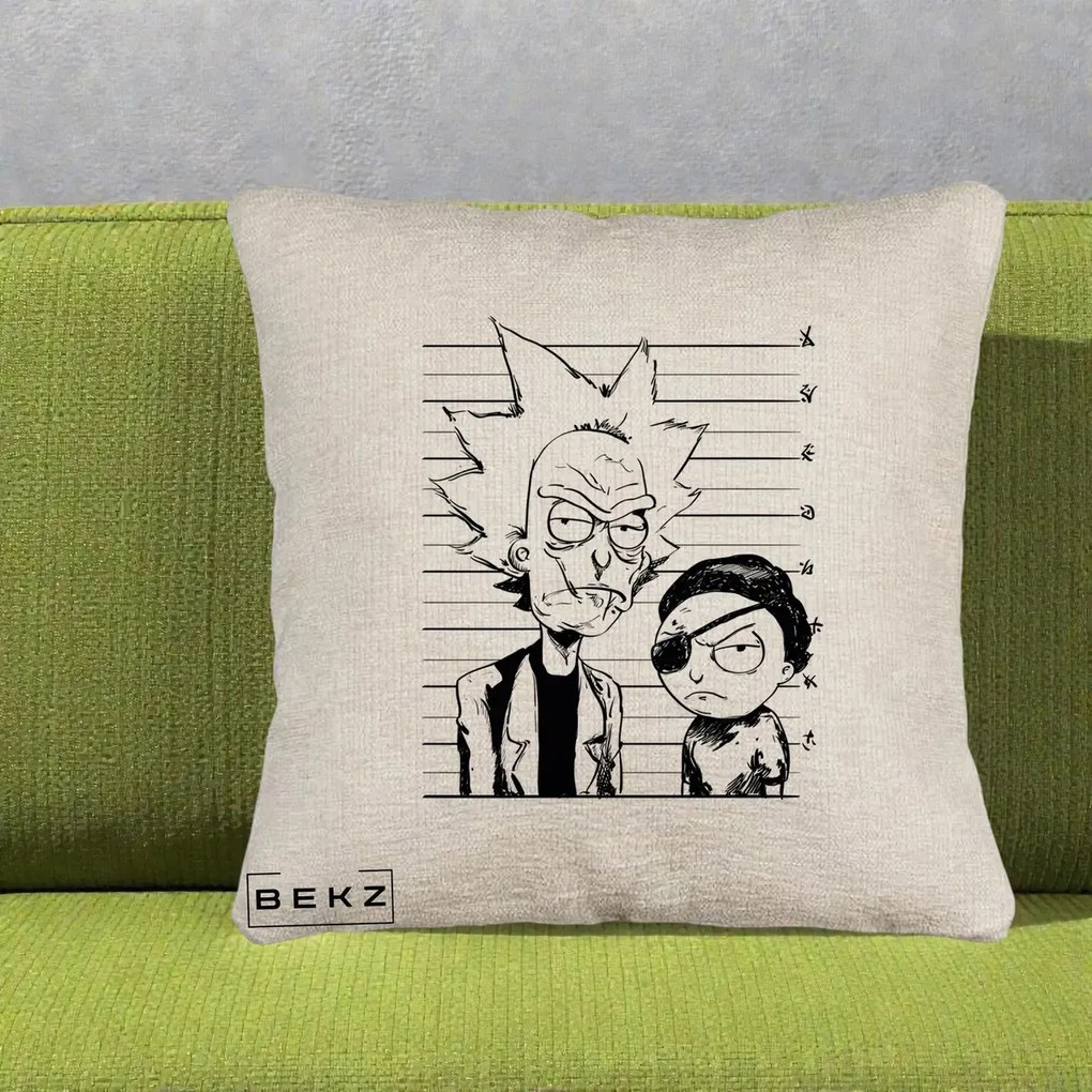 Perna Personalizata Rick si Morty Dosar, 40x40 cm, Bej Canapea, Husa Detasabila, Perna Inclusa, BEKZ®