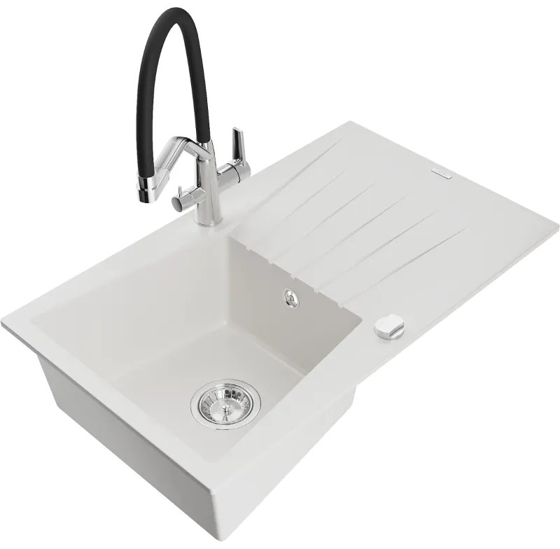 Mexen Cesar chiuvetă de granit cu un compartiment, cu picurător și baterie de bucătărie Duo, Albă - 6514-20-671701-07